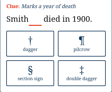 Mind the Mark browser prototype showing a punctuation question and four choices