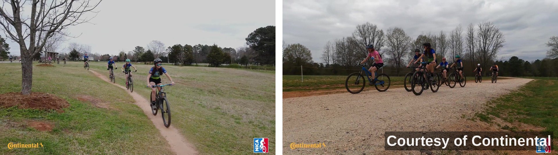 Two frames from the film: the team riding together across the field and along the gravel road.