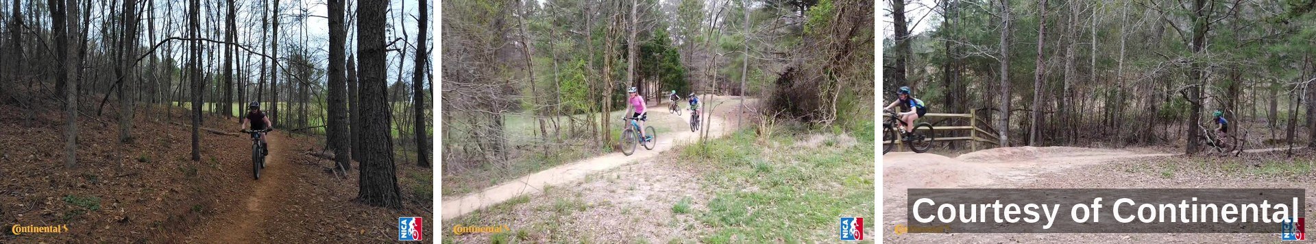 Three frames from the film: a rider heading into the wooded trail, riders on the forest path, and a rider on the berm.